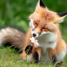 a close up of a fox with its eyes closed and flowers in it's mouth