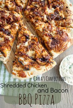 sliced chicken and bacon bbq pizza with ranch dressing