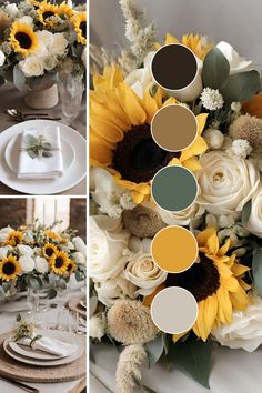 sunflowers and other flowers are arranged in the center of this wedding table setting