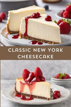 the cheesecake is topped with fresh strawberries