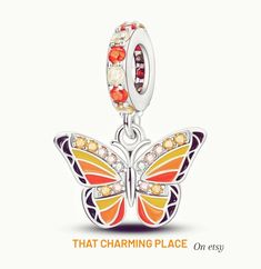 Stunning orange and yellow butterfly charm for bracelet made from high-quality sterling silver,  comes with velvet gift pouch,  gift wrapping is also available at checkout.   Build your own unique charm bracelet with the array of charms available in my store  All our charms are compatible with pandora bracelet , can also be used as a pendant  As always thanks for viewing 🤍 Yellow Sterling Silver Charms Jewelry, Sterling Silver Yellow Charms Jewelry, Orange Charm Jewelry For Gifts, Yellow Jewelry With Butterfly Charm For Gift, Butterfly Charm Bracelet As A Gift, Butterfly Charm Bracelet Gift, Butterfly Charm Bracelet As Gift, Silver Butterfly Charms Jewelry, Yellow Butterfly Jewelry Gift