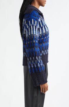 A vivid pattern brings warmth to this woolly sweater knit with an oversized collar. Johnny collar Long sleeves 75% polyacrylic, 15% polyamide, 10% wool Hand wash, dry flat Imported Blue Wool Sweater With Fair Isle Pattern, Johnny Collar, Oversized Collar, Plunging Neck, Ramy Brook, Sweater Knit, Fair Isle, Knitted Sweaters, Dry Clean