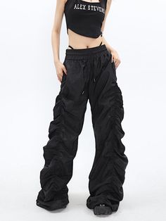 Ruched High-Waisted Jogger Pants Pants With Strings On Waist, Wide Leg Pants Platform Shoes, Scrunched Pants Outfit, Trendy Solid Straight Leg Parachute Pants, Baggy Wide Leg Harem Pants For Athleisure, Drawstring Wide-leg Pants For Streetwear, Spring Trendy Wide-leg Parachute Pants, Trendy High Waist Drawstring Sweatpants, Trendy High Waist Sweatpants With Drawstring