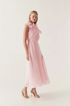 Genesis Midi Dress | Soft Pink | Aje – Aje ROW Midi Dress Bridesmaid, Aje Dress, Plunge Midi Dress, Pink Chiffon Dress, Dress Drape, Draped Neckline, Pink Chiffon, Dress Bridesmaid, Line Shopping