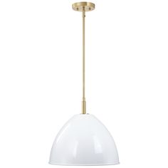 a white light hanging from the ceiling with a gold metal frame and an oval glass shade