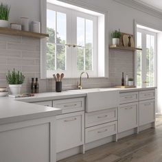 Kitchen backsplash with white cabinets and quartz featuring a gray subway tile by Mineral Tiles Grey Backsplash Kitchen, Grey Subway Tile Kitchen, Light Grey Backsplash, Gray Kitchen Backsplash, Gray Subway Tile Backsplash, Light Grey Kitchens, Subway Tile Backsplash Kitchen, Subway Tile Kitchen, Kitchen Wall Tiles