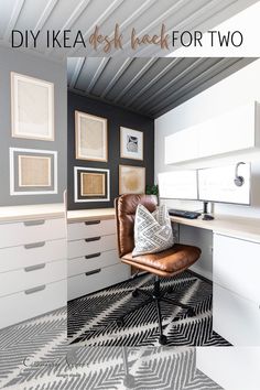 a chair sitting in front of a desk with pictures on the wall and below it