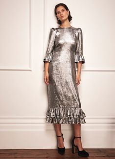 Silver metallic tone, midi silhouette, crew neckline, puff shoulders, 3/4 ruffle sleeves, layered ruffle hemline with a zip fastening through the back. Silver Midi Dress, Dress Mint, Glad Rags, Mint Velvet, Metallic Dress, Silver Dress, Ruffle Sleeves, Christmas Outfit, Get Ready