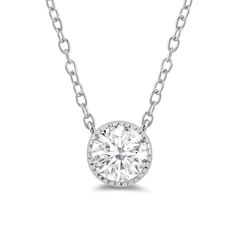 Endlessly versatile, this white gold necklace can pull together a formal, casual, and even professional look. The round pendant is topped with round diamond and surrounded by a milgrain frame. The basket setting features quadrilateral cut-outs on its sides for an edgy finish. Basket Setting, White Gold Necklace, White Gold Necklaces, Formal Casual, Round Pendant, Lab Created Diamonds, Cut Outs, Round Diamond, Round Diamonds