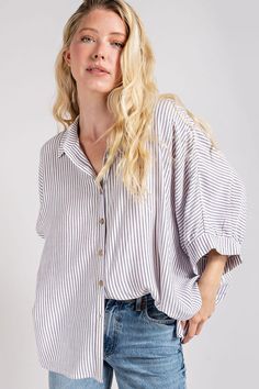 stripe button down woven shirt - black/white Relaxed Button-up Shirt With Rolled Sleeves, Relaxed Fit Top With Button Closure And Shirttail Hem, Trendy Button-up Blouse For Daywear, Relaxed Fall Shirt For Day Out, Relaxed Shirt For Fall Day Out, Relaxed White Button-up Top, Trendy Button-up Shirt For Everyday, Trendy Button-up Shirt With Rolled Sleeves, Effortless Button-up Blouse With Rolled Sleeves