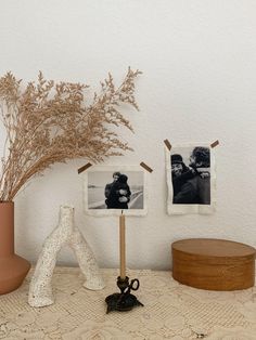 a vase with some dried flowers and pictures on it