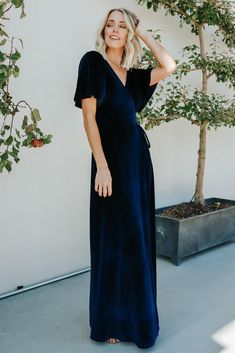 Bridesmaid Blue, Dresses Velvet, Fall Bridesmaid Dresses, Velvet Bridesmaid Dresses, Long Blue Dress, Baltic Born, Wrap Maxi Dress, Mid Length Sleeves, Navy Velvet