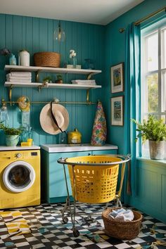 a laundry room with blue walls and yellow washing machine