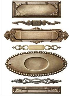 four metal plaques with ornate designs on them, each one has a blank label in the middle