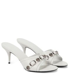 Cagole leather mules Balenciaga Heels, White Balenciaga, Balenciaga Women, White Shoes Women, Mid Heel Sandals, Iconic Bags, Leather Mules, Studded Leather, Leather Silver