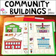 an open book with the words community buildings written on it and two pictures of houses