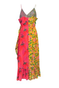 This Farm maxi dress features a playful, colorful fruit and chili pepper print in a bold yellow and pink color block. Made in lightweight textured cotton, this dress is perfect for a sunny vacation in Cabo or Tulum. Style with a platform wedge, statement earrings, and crossbody bag. Size XL 100% Cotton Fully lined Adjustable sleeveless straps Ruffled trim Bust 42" Waist 34" Shoulder to hem 57" Sleeveless Fruit Print Dress For Vacation, Summer Cotton Multicolor Maxi Dress, Summer Beach Dress With Fruit Print, Beach Sundress With Fruit Print, Summer Cotton Maxi Dress With Vibrant Print, Yellow Patchwork Maxi Dress For Summer, Multicolor Tropical Cotton Dress, Summer Yellow Cotton Maxi Dress, Tropical Multicolor Cotton Dresses