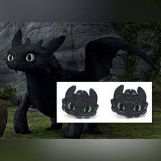 two black dragon magnets with green eyes on grass next to large rock formations and trees