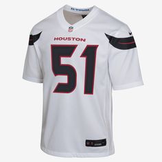 Rep one of your team's top stars with this Houston Texans Jersey. Proper ventilation and a loose fit help provide a dry, comfortable wear with the authentic look of the on-field uniform. White Cotton Jersey For Sports Fans, White Cotton Jersey For Team Events, White Cotton Jersey For Game Day, White Cotton Fan Gear Jersey, White Cotton Team Logo Jersey, White Cotton Jersey With Team Logo, White Cotton Sports Fan Jersey, White Team Name Jersey For Fans, White Jersey For Fan Gear