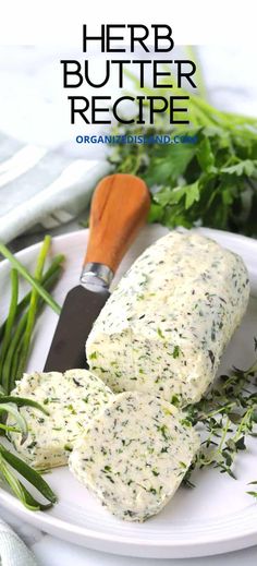 herb butter recipe on a white plate with green herbs and a knife next to it