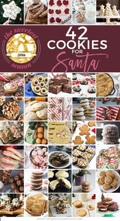 the cover of 42 cookies for santa is shown in red and white, with images of cookies