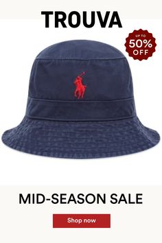 Come rain or shine, this Polo Ralph Lauren bucket hat makes it easy to bring a touch of all-American cool into any outfit. Made using inky blue cotton twill, it’s signed off with contrasting red pony embroidery. 100% Cotton Embroidered Branding Navy Cotton Brimmed Hat, Blue Cotton Bucket Hat With Flat Brim, Blue Cotton Bucket Hat For Outdoor, Navy Bucket Hat With Short Brim, Navy Casual Bucket Hat With Short Brim, Casual Navy Bucket Hat With Short Brim, Navy Cotton Hat With Short Brim, Casual Navy Bucket Hat For Outdoor, Casual Navy Brimmed Bucket Hat