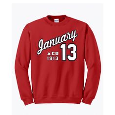 a red sweatshirt with the number 13 on it and an image of january 13th written in white