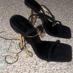 Brand New And Never Worn Lola Heels, Size 8. Chic Heels With Metal Feet In Synthetic Material, Chic Synthetic Heels With Metal Feet, Night Out Heels With Metal Feet, Black Open Heel Heels With Metal Feet, Chic Black Heels With Metal Feet, Black Heels With Gold, Miss Lola, Black Heels, Shoes Women Heels