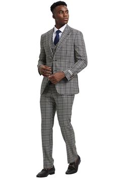 This suit from Stacy Adams features a two button suit jacket, a wide notch lapel, side vents, matching vest, and matching flat front pants. The fabric is a houndstooth glen plaid. (Sizes 34-44 = Slim Fit / Sizes 46+ = Modern Fit) Windowpane Suit, Checkered Suit, Plaid Suit, Flat Front Pants, Glen Plaid, Gray Suit, Grey Green, Mens Vest, Modern Fit