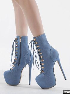 Fisdy - Classy Canvas Ankle Boots with Round Toe, Stiletto Heel, and Lace-Up Design Unique Boots, Winter Heels, Light Sky Blue, Canvas Boots, Womens Stilettos, Estilo Chic, Lace Up Booties, Platform High Heels, Lace Up Ankle Boots