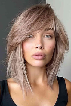 Woman with layered asymmetric bangs hairstyle. Assymetrical Bangs Fringes, Fall Hair Color Ideas Money Piece, Kaley Cuoco Hair Based On A True Story, Fall Blond Balayage, This Hair Hairstyles, Fine Flat Hair With Bangs, Inverted Bob With Layers And Bangs, Long Bob With Bangs Thick Hair, Shirt Blonde Hair Hairstyles