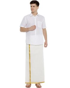 Fabric : 100% Cotton quality cream single jari dhoti Traditional - No Pocket No Velcro White-single dhoti with golden jari border. Wash care: Gentle machine wash, wash with similar colors Men Dhoti single Contains, 100% Cotton Details, 100% cotton fabric. Cream dhoti. 45 inches height. Double dhoti. Size: 125cm x 190cm Material & Care 100% cotton Wash separately Use white color detergents Handwash / machine wash Gentle Wash Don't use fabric bluing agents. Short Sleeve Traditional Wear For Eid, Festive Traditional Wear With Short Sleeves, Traditional Wear With Short Sleeve And Pallu, Traditional Short Sleeve Kurta For Navratri, Traditional Short Sleeve Kurta For Wedding, Traditional Short Sleeve Wear For Festivals, Short Sleeve Traditional Wear For Festivals, Festival Traditional Wear With Short Sleeves, Traditional Fit Sets For Puja And Festivals