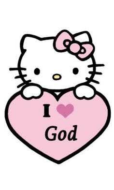 hello kitty holding a heart with the words i love god