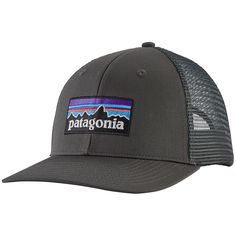 evo.com | Patagonia Ball Caps > Crown and Bill 7.5-oz 100% Organic Cotton Canvas Adjustable Snap Closure Back Crown 2.5-oz 100% Recycled Polyester Mesh Organic Cotton Headband for Next-to-Skin Comfort Mid Crown Trucker with Six-Panel Design | Patagonia P-6 Logo Trucker Hat 2021 in Black | Cotton/Polyester Patagonia Cap, Patagonia Trucker Hat, Patagonia Logo, Canvas Hat, Comfortable Headbands, Cotton Headband, Fishing Nets, Snapback Cap, Ball Cap