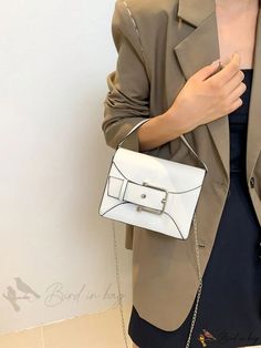 Bird in Bag - Womens Handbag with Fashionable Buckle Decoration, Square Shape, Solid Color Construction Rectangular Spring Bags, Trendy White Satchel, Trendy White Shoulder Bag With Hasp Closure, White Spring Box Bag With Adjustable Strap, White Box Bag With Adjustable Strap For Spring, White Top Handle Bag With Hasp Closure, Spring White Box Bag With Adjustable Strap, White Satchel Bag With Hasp Closure, White Satchel Shoulder Bag With Hasp Closure