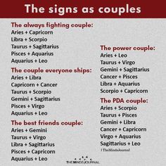 the zodiac signs as couples are shown in red and black text on a white background