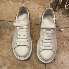 Excellent Condition Like New Worn Once Glitter Pink Back Size 38.5 White Leather Glitter Sneakers, White Leather Sneakers With Glitter, Leather Sneakers With Glitter Accents And Round Toe, White Leather Sneakers With Glitter Accents, White Glitter Lace-up Sneakers, Shoes Alexander Mcqueen, Alexander Mcqueen White, Alexander Mcqueen Sneakers, Mcqueen Shoes