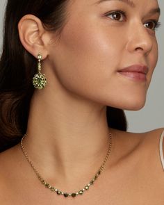 18K Yellow Gold Floral Oval and Pear Shape Earring with Green Tourmaline and Diamonds, .26 TCW 1 3/4 Inch Long x 3/4 Inch Wide Style# YEFOPGTW Opal Earrings, Bracelet Collection, Gold Floral, Green Tourmaline, Opal Rings, Pear Shape, Ring Necklace, Pear Shaped, Ring Earrings