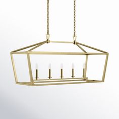 a brass hanging light fixture with five candles in the center and four lights on each side