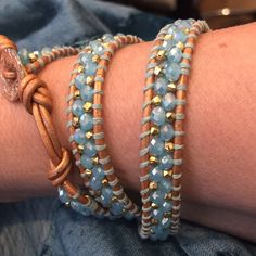 Gold Tones, Sparkle And Sea Blue Amazonite Wrap Around Bracelet Miyuki Bracelet, Beaded Wrap Bracelets, Leather Wrap Bracelet, Sea Blue, Leather Wraps, Blue Sea, Wrap Around, Womens Jewelry Bracelets, Leather Handmade