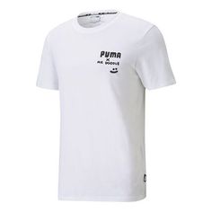 Puma Logo Graphic Tee For Sports, Puma Graphic Tee For Sports, White Puma Logo Top For Streetwear, White Puma T-shirt For Sports, Sporty White T-shirt With Puma Logo, Sporty White Puma T-shirt, Sporty Puma Logo Tops For Streetwear, Puma Logo Cotton Top For Streetwear, Cotton Puma Logo Top For Streetwear