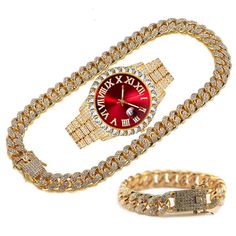 Color: gold red Big Gold Chains, Iced Out Watch, Watch Set, Gold Watch Men, Cuban Link Chain, Bracelet Clasps, Rhinestone Bracelet, Cuban Chain, Cuban Link