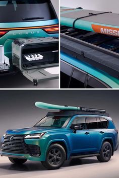 an suv with a surfboard attached to it's roof is shown in three different views