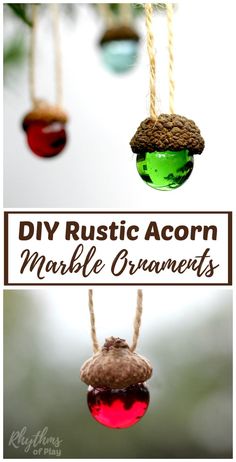 diy rustic acorn ornament made from plastic bottles and rope with text overlay that says diy rustic acornn marble ornaments