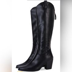 Women's Cowboy Knee High Wide Calf Square Toe Tall Riding Boots, Size 8, Black Nwt Product Details Sole Material: Synthetic Rubber Outer Material: Synthetic Leather Type Of Closure: Zipper About This Article Western Cowboy Boots Features: Faux Leather Upper, Square Toe, Stacked Chunky Heel, Full Length Back Zipper, Solid Color, 2.8 Inch Heel, Autumn Winter Knee High Boots. Calf: The Calf Of These Boots Are Designed To Fit Women Of Many Sizes. The Calf Is Made Slightly Wider To Accomplish That. M Black Knee-high Boots For Rodeo In Fall, Wide Calf Knee-high Boots For Rodeo In Winter, Western Black Knee-high Boots For Fall, Black Western Knee-high Boots For Fall, Black Knee-high Heeled Boots For Rodeo, Wide Calf Boots For Rodeo In Winter, Black Wide Calf Heeled Boots For Rodeo, Winter Knee-high Boots For Rodeo, Black Knee-high Boots For Rodeo