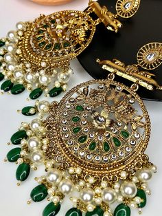 Beautiful earrings to go with any outfit! Gold Jhumka, Polki Earrings, Kundan Earrings, Authentic Indian, Bridal Earrings, Indian Jewelry, Beautiful Earrings, Statement Earrings, Green