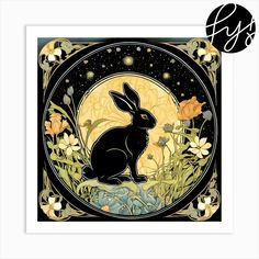 a black and white rabbit sitting in front of a full moon with flowers on it