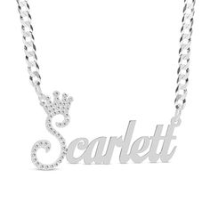 Make an expressive statement with this personalized CZ crowned name necklace. Made in responsibly sourced, nickel-free 925 sterling silver for everyday wear. Stone: Cubic Zirconia Stone Size: 1 mm Chain Length: 18 in. Chain Width: 3 mm Font: Script Character Limit: 3-10 Silver Cubic Zirconia Nameplate Jewelry, Silver Diamond Name Necklace For Anniversary, Elegant Silver Nameplate Custom Necklace, Elegant Silver Nameplate Necklace, Silver Necklace For Personalized Gift, Silver Jewelry With Diamond Accents For Birthday, Silver Nameplate Necklace With Diamond Accents, Silver Cubic Zirconia Nameplate Necklace, Silver Name Necklace With Diamond Accents For Anniversary