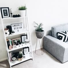 two white shelves with plants and pictures on them, one is leaning against the wall