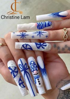 Xmas Nail, Xmas Nail Art, Sns Nails, Christmas Blue, Long Square Acrylic Nails, Uñas Acrilicas, Nails 2024, Square Acrylic Nails, Xmas Nails